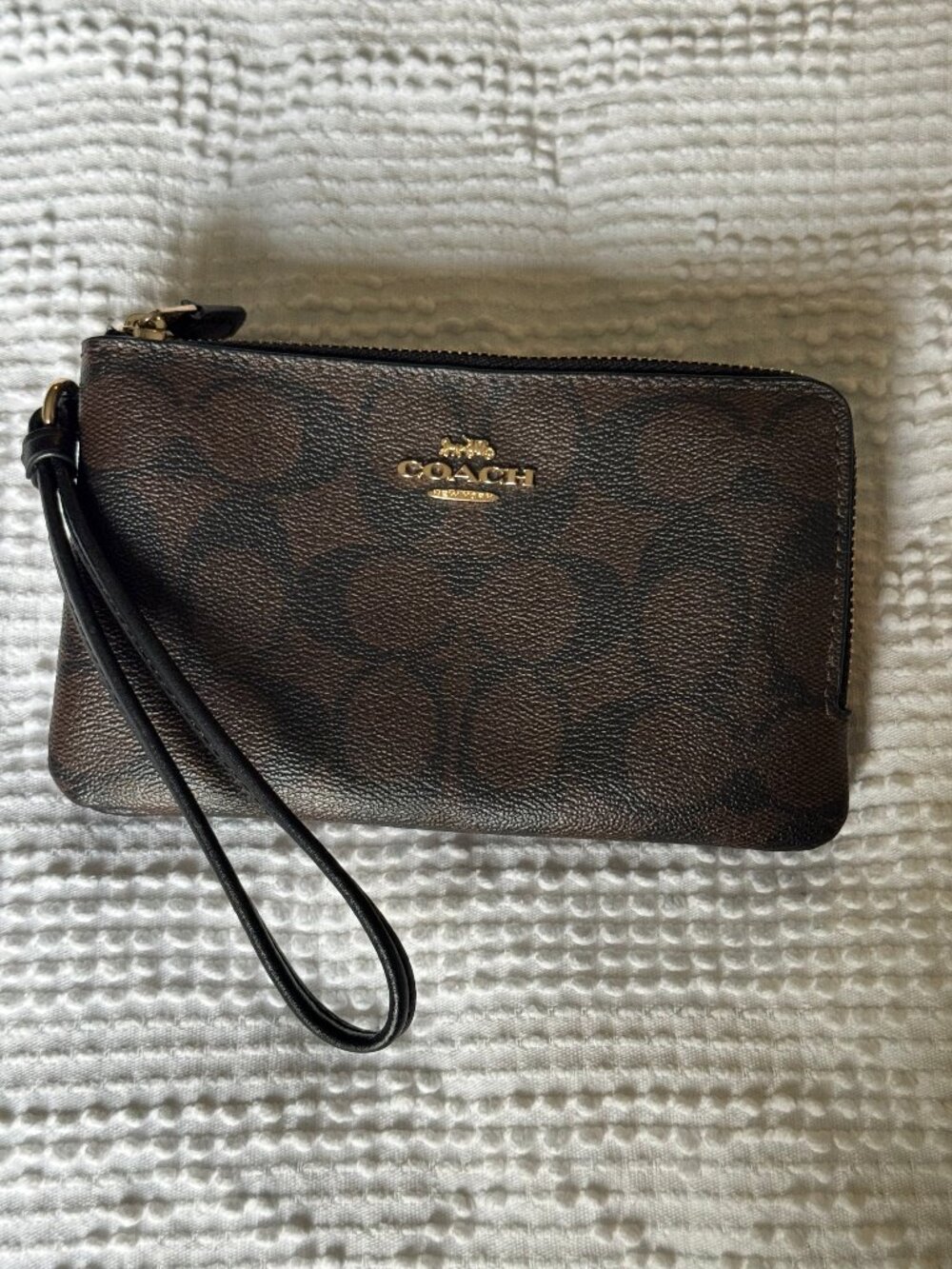 Coach Double Zip Wristlet in Dark Brown Signature Coated Canvas